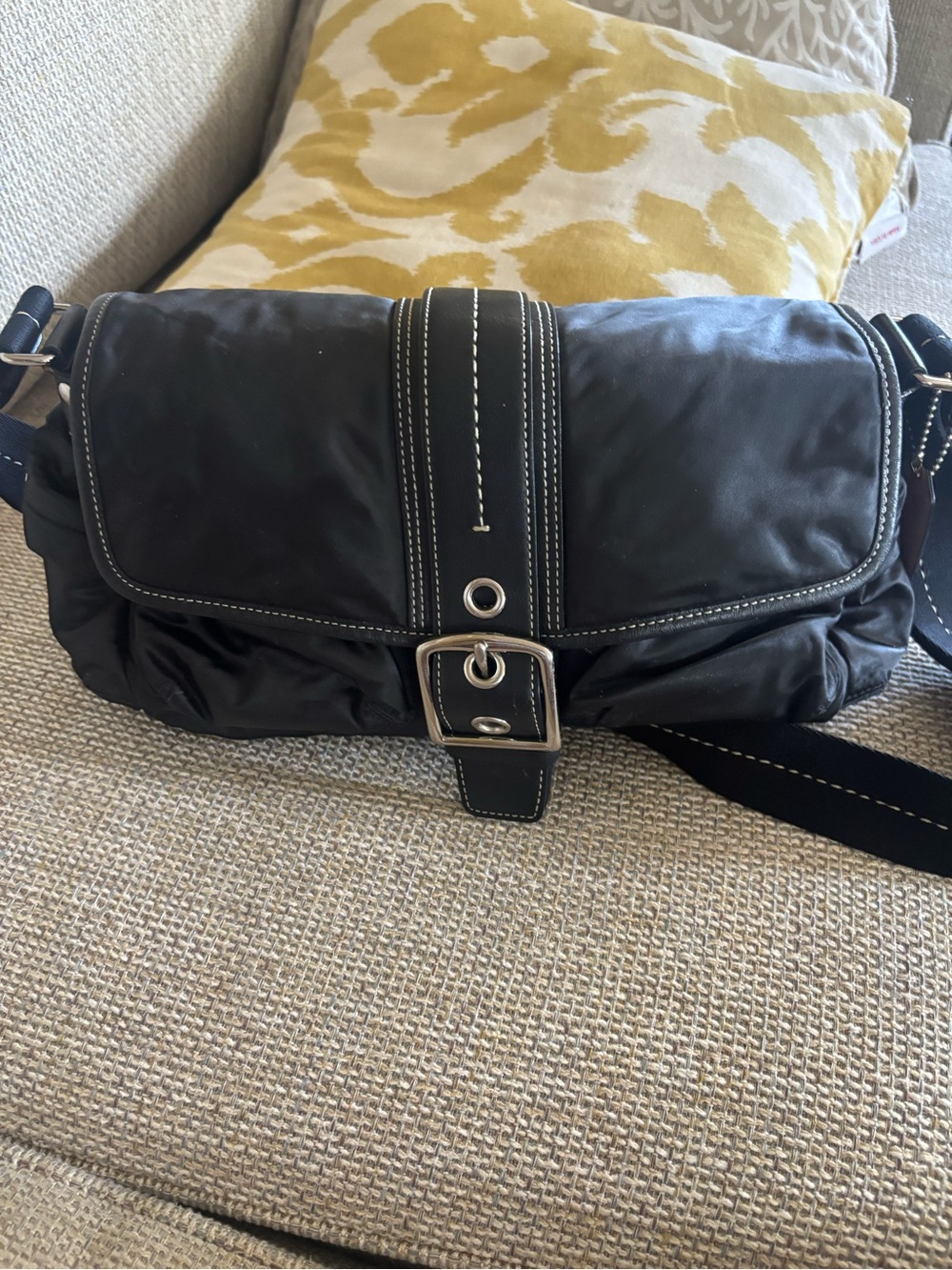 Coach Black Nylon Messenger Bag with White Contrast Stitching